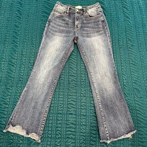 The Fine Print Petite Cropped Flare Jeans Raw Hem Size 27P Distressed Denim
